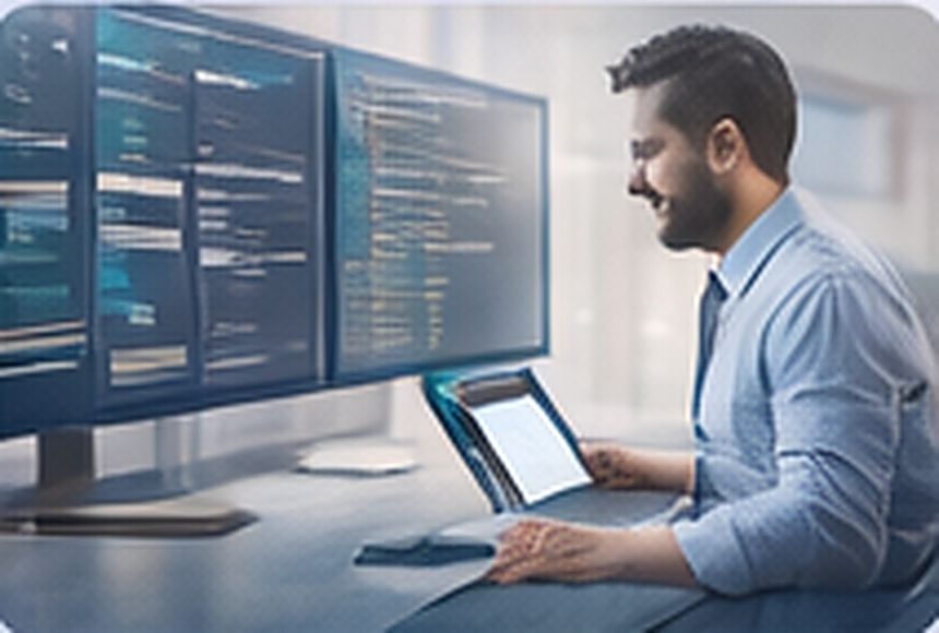 Illustration of an IT developer reviewing job-related code and laptop screens.