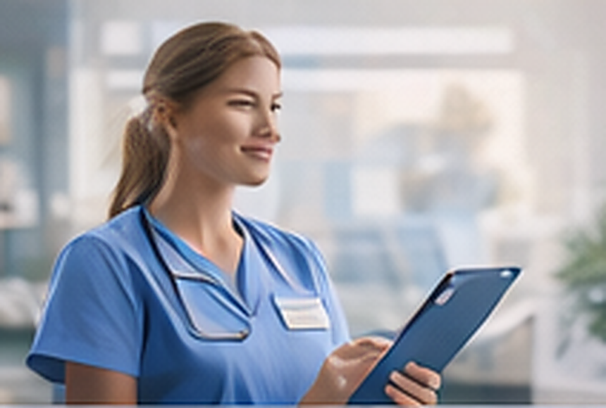 Illustration of a healthcare professional holding a tablet in a clinical setting.