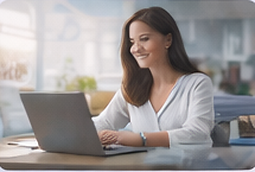 Illustration of an office worker reviewing laptop-based job match details.