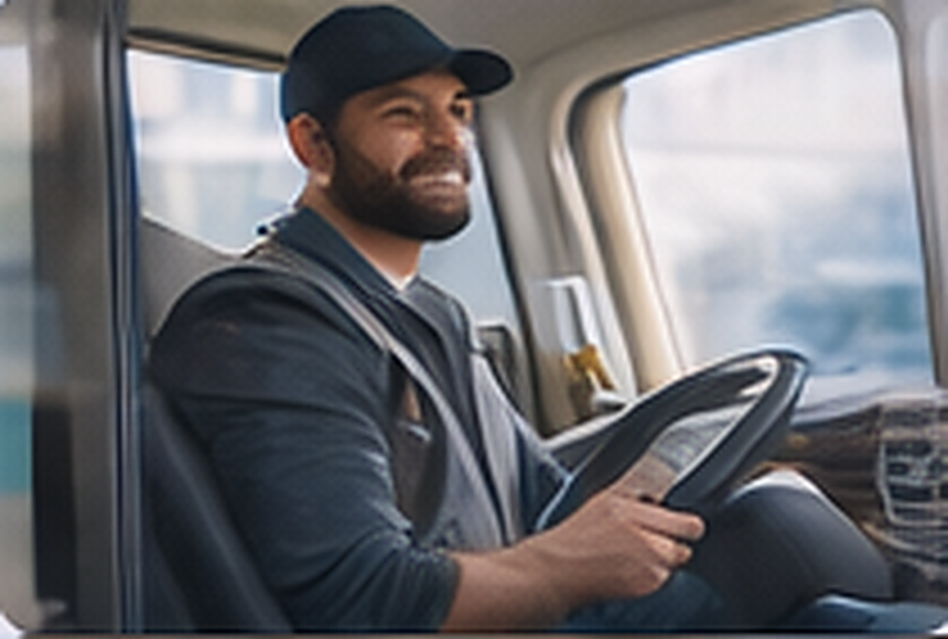 Illustration of a truck driver reviewing work information from the cab.