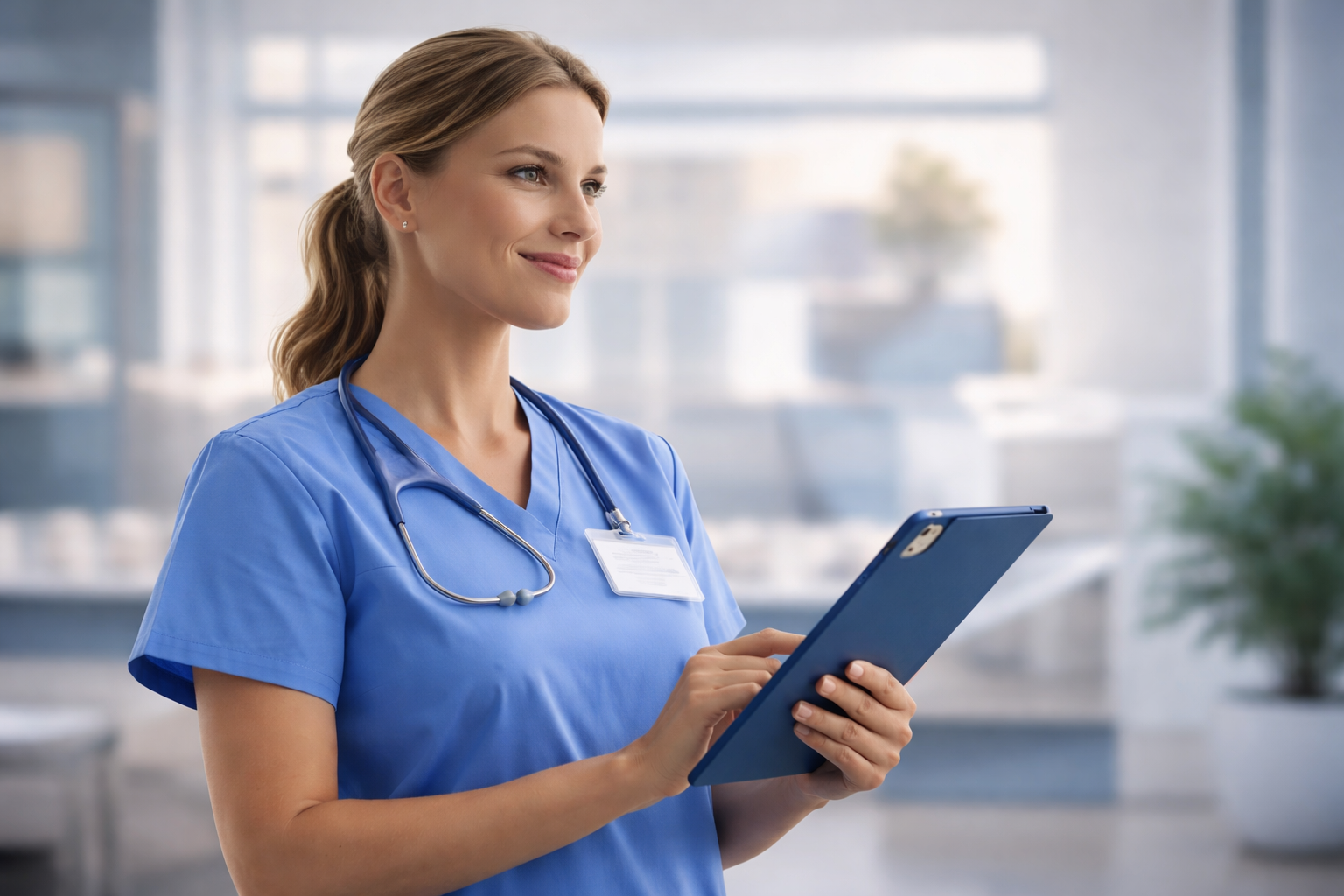 Photo of a healthcare professional in scrubs holding a tablet in a clinical setting.